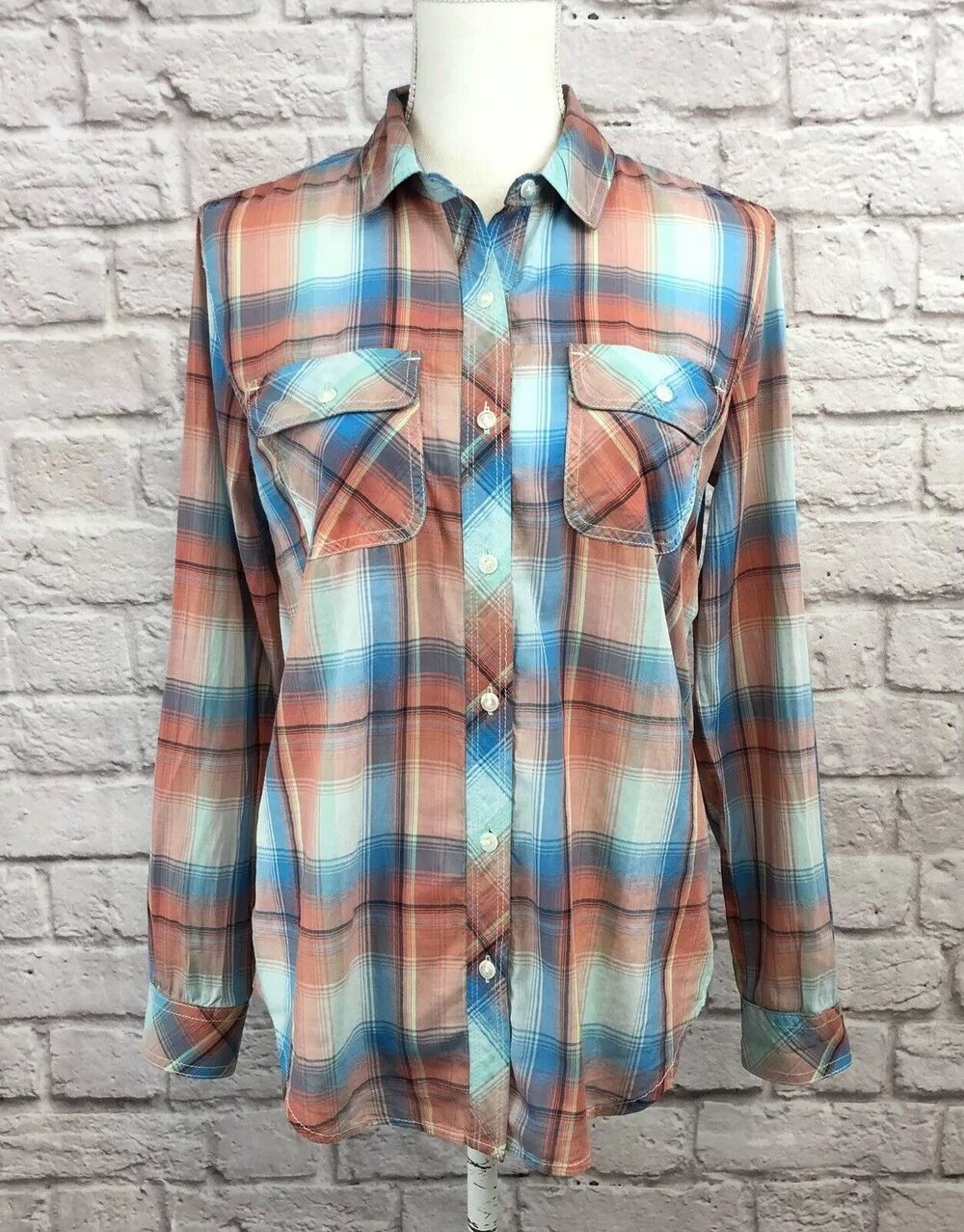 Treasure & Bond Plaid Button Down Shirt 100% Cotton Blue Pink White Womens XS